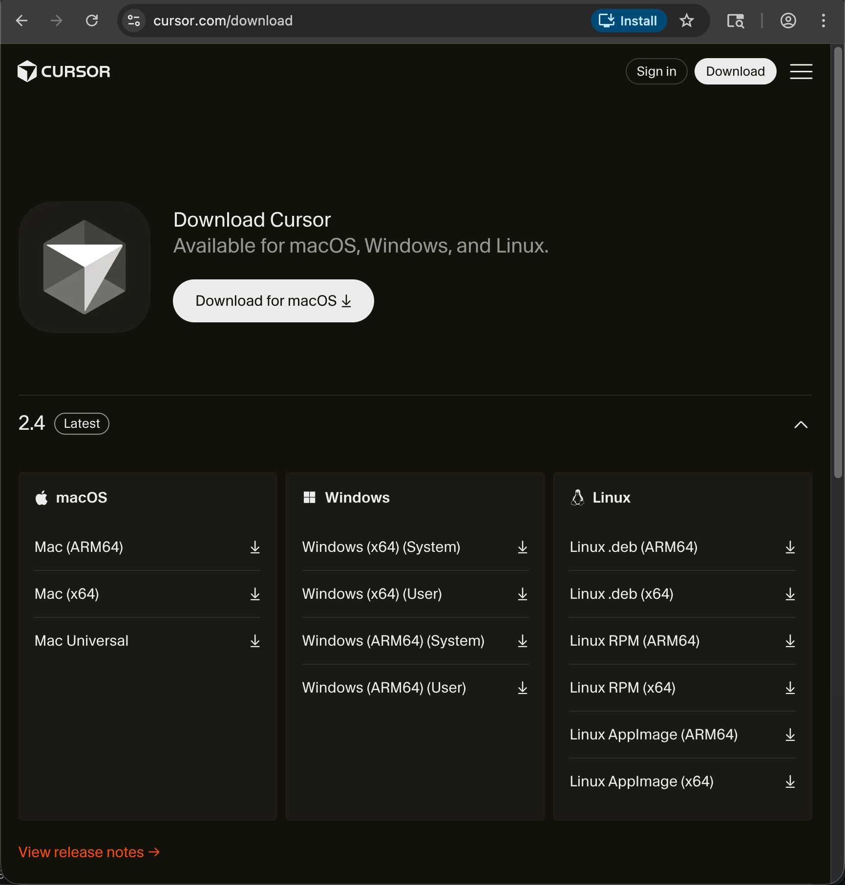 Cursor 官网下载页面，点击 Download 按钮